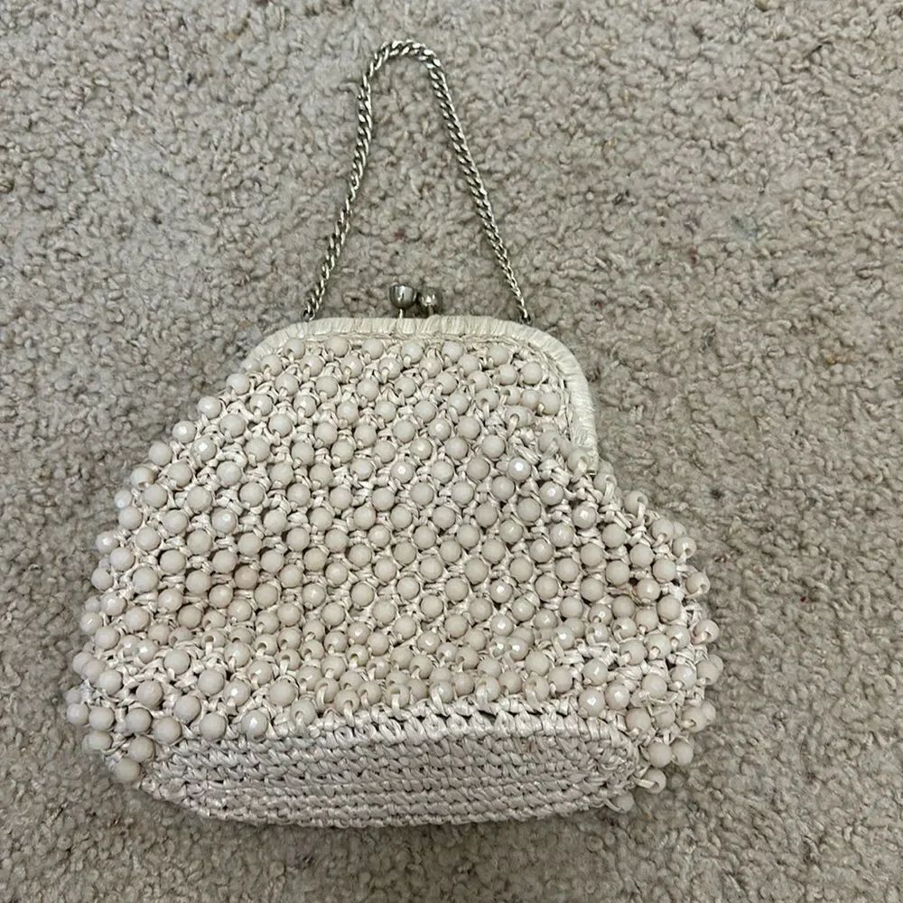 1950s Woven Beaded Purse, Vintage Raffia Handbag, Mid Century Accessory